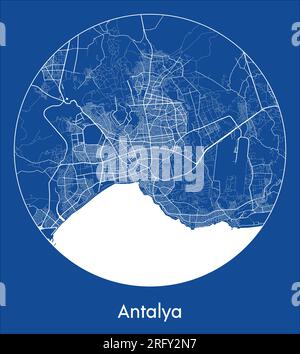 Mappa della città Antalya Turchia Asia stampa blu cerchio circolare illustrazione vettoriale Illustrazione Vettoriale