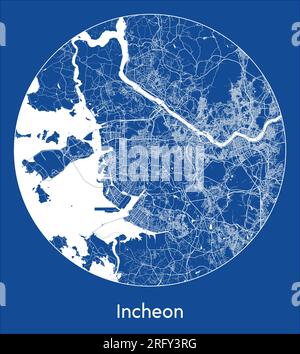 Mappa della città Incheon Corea del Sud Asia stampa blu cerchio rotondo illustrazione vettoriale Illustrazione Vettoriale