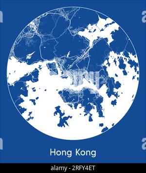 Mappa della città Hong Kong Cina Asia stampa blu cerchio rotondo illustrazione vettoriale Illustrazione Vettoriale