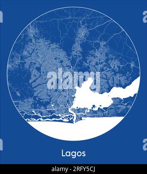 Mappa della città Lagos Nigeria Africa stampa blu cerchio rotondo illustrazione vettoriale Illustrazione Vettoriale