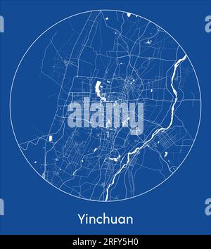 Mappa della città Yinchuan Cina Asia stampa blu cerchio rotondo illustrazione vettoriale Illustrazione Vettoriale