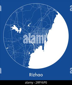 Mappa della città Rizhao Cina Asia stampa blu circolare illustrazione vettoriale Illustrazione Vettoriale