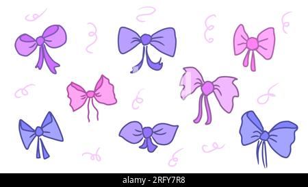Set di fiocchi e nastri dei cartoni animati vettoriali di forme e dimensioni diverse, in rosa e viola. Isolato su sfondo bianco. Illustrazione Vettoriale