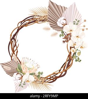 Boho, corona di vite bohémien con orchidea bianca phalaenopsis, fiori di protea e cotone, palme e foglie di eucalipto. Illustrazione Vettoriale