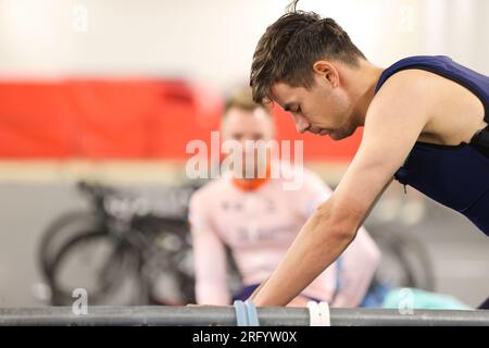 Glasgow, Regno Unito. 6 agosto 2023. GLASGOW, SCOZIA - 6 AGOSTO: Vincent Hoppezak dei Paesi Bassi durante l'allenamento il giorno 4 del 96° Campionato del mondo di ciclismo UCI Glasgow 2023 il 6 agosto 2023 a Glasgow, Scozia. (Foto di Tim Buitenhuis/Agenzia BSR) credito: Agenzia BSR/Alamy Live News Foto Stock