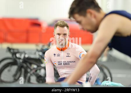 Glasgow, Regno Unito. 6 agosto 2023. GLASGOW, SCOZIA - 6 AGOSTO: Yoeri Havik dei Paesi Bassi durante l'allenamento il giorno 4 del 96° Campionato del mondo di ciclismo UCI Glasgow 2023 il 6 agosto 2023 a Glasgow, Scozia. (Foto di Tim Buitenhuis/Agenzia BSR) credito: Agenzia BSR/Alamy Live News Foto Stock