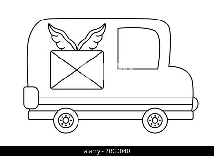 Autocarro a colonna Vector in bianco e nero. Trasporto con linea divertente per bambini. Veicolo carino per consegnare la clip art. Icona di trasporto speciale o colorazione p Illustrazione Vettoriale