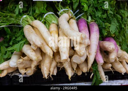 Rafano bianco esposto per la vendita al gregrocery Foto Stock