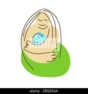 La madre abbraccia il bambino. Illustrazione vettoriale in stile moderno. Tessera per la festa della mamma. Illustrazione Vettoriale
