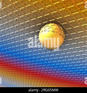 Sfera gialla astratta sulla superficie del piano ripetuto multicolore. rendering 3d, illustrazione 3d. Colori giallo, blu, rosso e grigio Foto Stock