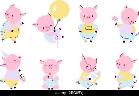 Maiali da cartoni animati, simpatici personaggi di maiali in diverse pose. Maialino felice, adorabile maialino attivo isolato. Attività animale da fattoria, raccolta vettoriale di oggi Illustrazione Vettoriale