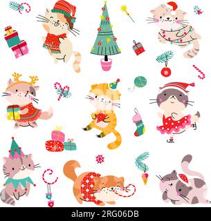 Gatto di Natale, i gatti delle festività indossano maglione e sciarpa. Abiti di Natale ornamentali per animali domestici, divertente gattino invernale con regali, clipart di animali vettoriali di neve Illustrazione Vettoriale