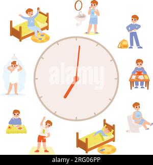 Programma giornaliero dei bambini, attività di routine dei ragazzi piccoli.  Orologio faccia ragazzo sonno e sveglia programma isolato vettore  illustrazione. Routine quotidiana dei bambini Immagine e Vettoriale - Alamy