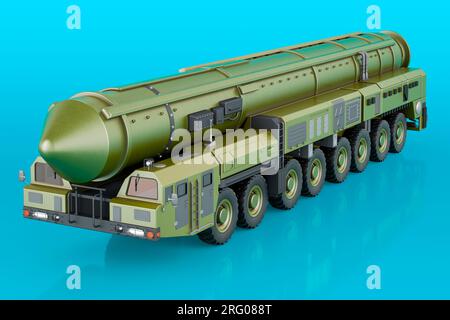 Missile Scud, sistema mobile di missili balistici a corto raggio su sfondo blu, rendering 3D. Foto Stock