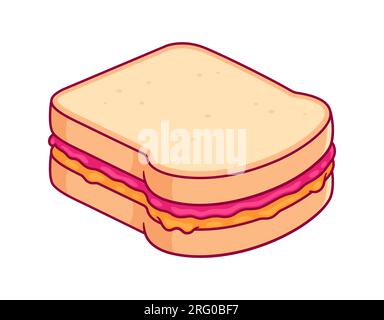 Disegno sandwich PBJ. Pane tostato bianco con burro di arachidi e marmellata di lamponi. Illustrazione vettoriale dei cartoni animati. Illustrazione Vettoriale