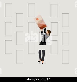Una donna cerca il posto perfetto per appendere un'opera d'arte in casa sua e i rettangoli vuoti rappresentano tutte le opzioni possibili. Questo è un 3- Foto Stock
