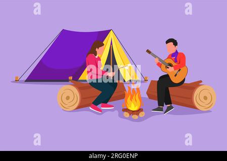 Design piatto grafico che disegna un romantico campo estivo per coppie. Uomo che suona la chitarra e donna seduta accanto al caminetto sul tronco. Falò con marshmallow fritto. Ou Foto Stock