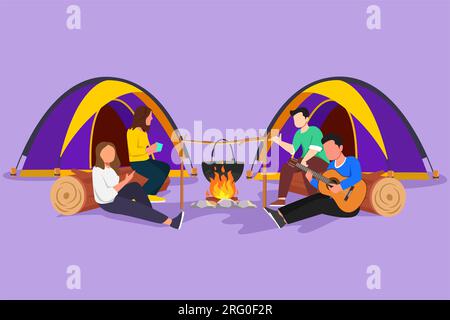 Disegno in stile piatto a cartoni animati due coppie di donne escursioniste sedute sull'acqua di cottura a legna in una pentola bollente. Ragazzo che suona la chitarra e canta con gli amici al falò Foto Stock