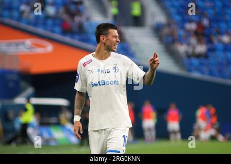 San Pietroburgo, Russia. 6 agosto 2023. Fedor Smolov (10) della Dinamo visto durante la partita di calcio della Premier League russa tra Zenit San Pietroburgo e Dinamo Mosca alla Gazprom Arena. Zenit 2:3 Dynamo. Credito: SOPA Images Limited/Alamy Live News Foto Stock