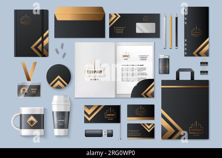 Mockup di cancelleria. Logo dell'identità del marchio aziendale. Pacchetto documenti. Busta lettera. Blocco note di carta. Scheda visita. Tazza da caffè. Badge ID. Compagnia Golden i Illustrazione Vettoriale