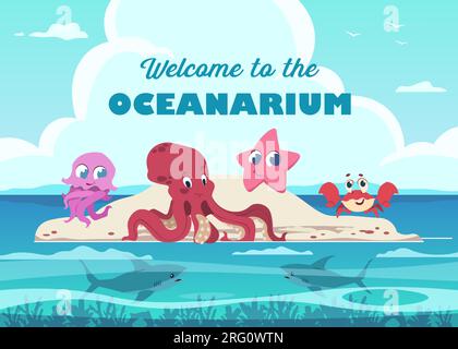 Bandiera dell'Oceanarium. Carini animali, polpi, stelle marine e granchi. Divertenti creature selvagge. Raccolta isolata di personaggi colorati che vivono nell'oceano, Illustrazione Vettoriale