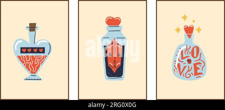 Pozioni magiche. Diverse e graziose bottiglie in vetro di diverse forme. Etichette da disegno in stile Doodle, liquido magico. Fantasia stregoneria e alchimia beverag Illustrazione Vettoriale