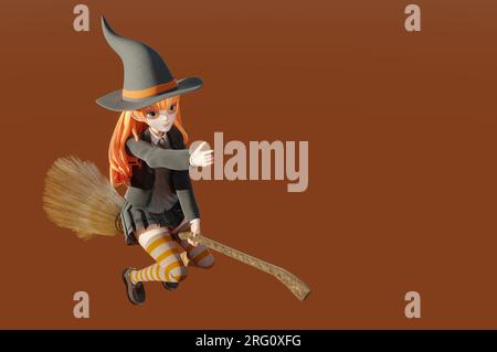 Illustrazione 3D. Personaggio da strega. Buon halloween, concept art dei personaggi. Strega che vola su una scopa Foto Stock