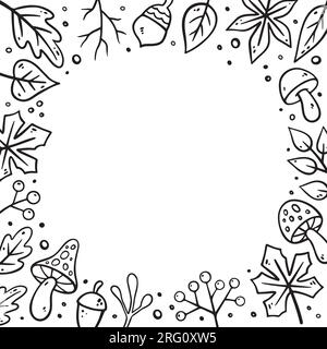 Cornice quadrata autunnale. Modello di cartolina autunnale. Cornice fogliame autunnale in stile doodle. Elementi autunnali: Foglie, ghiande, ramoscelli, bacche. Illustrazione di cartoni animati, cornice decorativa. Illustrazione Vettoriale