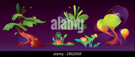 Magiche piante forestali nell'illustrazione vettoriale dei cartoni animati. Alberi da favola, cespugli e fiori con effetto luminoso per il paesaggio delle meraviglie. Natura stravagante e luminosa con scintille per il mondo del gioco o della favola. Illustrazione Vettoriale