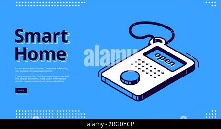 Banner Smart Home. Concetto di tecnologia dell'Internet delle cose. Pagina di destinazione vettoriale del sistema di controllo casa con icona isometrica del telecomando su sfondo blu Illustrazione Vettoriale