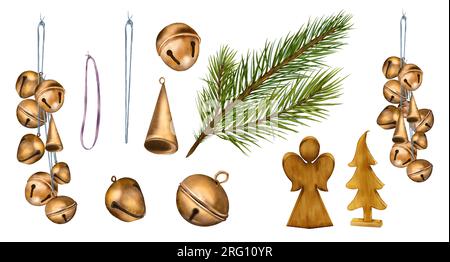 Set di campane in bronzo natalizio, rametto di pino, illustrazione digitale giocattolo in legno stile acquerello isolato su bianco. Simbolo di Natale, decorazione disegnata a mano Foto Stock