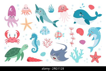 Set di creature oceaniche disegnate a mano. Cartoon Sea Animals. Set di oggetti SEA LIFE Vector Doodle per il design. Illustrazione vettoriale isolata su sfondo bianco Illustrazione Vettoriale