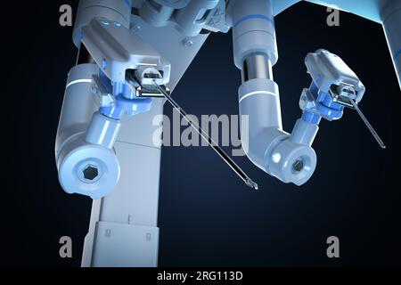 primo piano della macchina di chirurgia assistita robotica con rendering 3d. Foto Stock