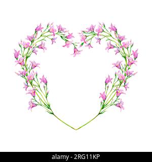 Fiori campanella campo cornice a forma di cuore disegnata a mano su sfondo bianco. Tenera illustrazione floreale ad acquerello dipinta scillamente per logo e cartoline Foto Stock
