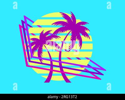 80 palme al tramonto. Ora legale. Sole futuristico retrò. Stile Synthwave e retroonda. Progettazione di opuscoli pubblicitari, banner e poster. VEC Illustrazione Vettoriale
