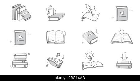 Set di icone per la linea del libro. Disegnato a mano disegnato disegnato disegnato a mano linea icona libro, diario. Libreria aperta, lettura, icona del concetto di doodle per l'istruzione scolastica. Traccia stile linea penna blu. Illustrazione vettoriale. Illustrazione Vettoriale