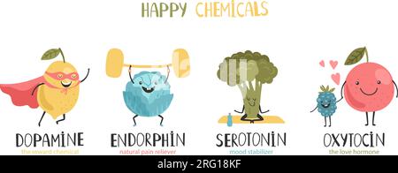 Ossitocina, serotonina, endorfina, dopamina. Illustrazione vettoriale colorata degli ormoni. Stabilizzatore d'umore, ormone dell'amore, ricompensa chimica, antidolorifico. Icona di salute dell'ormone di emozione di salute della chimica Illustrazione Vettoriale