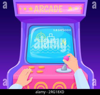 Mani che giocano a videogiochi. Giocate a mano nei videogame su joystick, giochi per computer con schermo da 80s 1990s pixel del controller delle slot machine, illustrazione vettoriale ordinata della macchina arcade con joystick Illustrazione Vettoriale