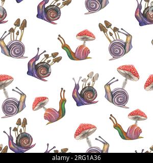 Illustrazione ad acquerello di lumache, grigi e agarici mosche su sfondo bianco. Modello senza cuciture disegnato a mano Foto Stock