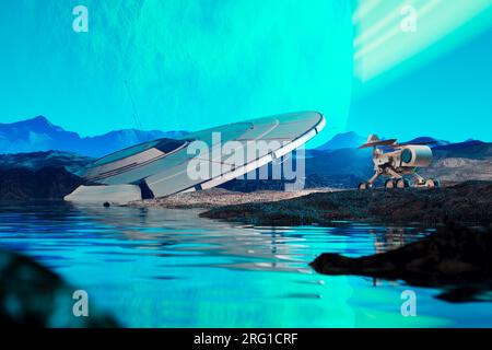 rover planetario che trova astronavi alieni mentre esplora il pianeta. Astronave. Foto Stock