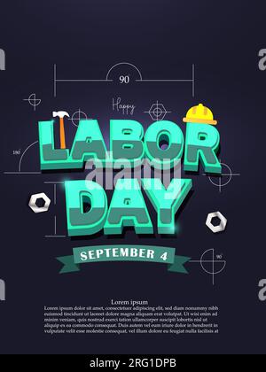 Happy Labor Day, 4 settembre. Poster e banner 3d in blu per il Labor Day con illustrazione vettoriale per il design dei modelli. Illustrazione Vettoriale