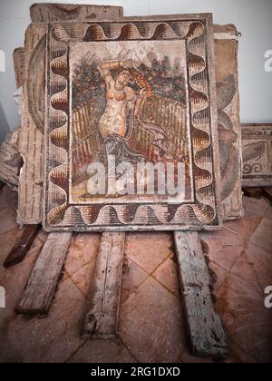 Antico mosaico romano scoperto a Cartagine, Tunisia, esposto come un artefatto archeologico in Nord Africa. Foto Stock