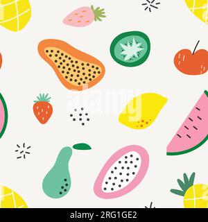 Fantasia di frutta esotica dai colori vivaci. Simpatici scarabocchi infantili da cartoni animati. Mix di frutta tropicale su sfondo beige. Fragola fresca, kiwi, pera Illustrazione Vettoriale