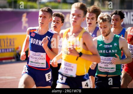 Gerusalemme, Israele. 7 agosto 2023. Il belga Mathis Lievens raffigurato in azione durante i 3000 m maschili, ai Campionati europei di atletica leggera U20, lunedì 07 agosto 2023, a Gerusalemme, Israele. I campionati europei si svolgono dal 07 al 10 agosto. BELGA PHOTO COEN SCHILDERMAN Credit: Belga News Agency/Alamy Live News Foto Stock