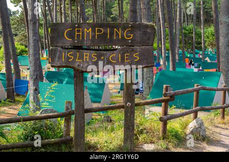 Tende in campeggio, Camping Islas Cies, Isla del Faro, Isole Cies, Galizia, Spagna Foto Stock