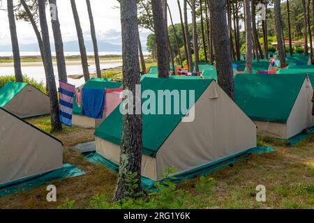 Tende in campeggio, Camping Islas Cies, Isla del Faro, Isole Cies, Galizia, Spagna Foto Stock