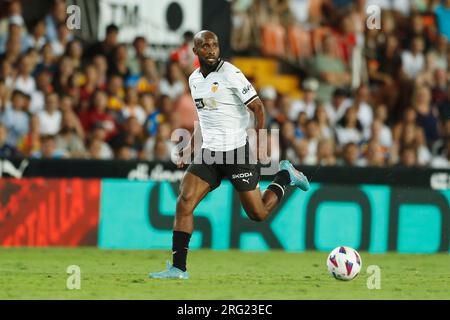 Valencia, Spagna. 5 agosto 2023. Dimitri Foulquier (Valencia) calcio/calcio : spagnolo pre-stagione 'Trofeo Naranjaa' partita tra Valencia CF 1-2 Aston Villa FC al campo de Mestalla di Valencia, Spagna . Crediti: Mutsu Kawamori/AFLO/Alamy Live News Foto Stock