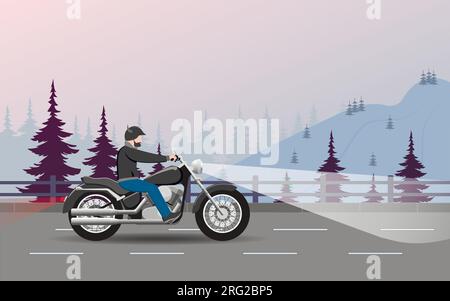 Un motociclista viaggia lentamente sulla strada per incontrare il vento sulla strada attraverso la foresta di notte. Vettore. Illustrazione Vettoriale