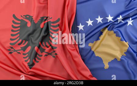 Bandiere arrugginite dell'Albania e del Kosovo. Rendering 3D. Foto Stock