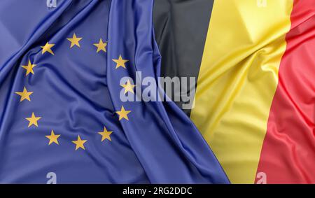 Bandiere volant dell'Unione europea e del Belgio. Rendering 3D. Foto Stock